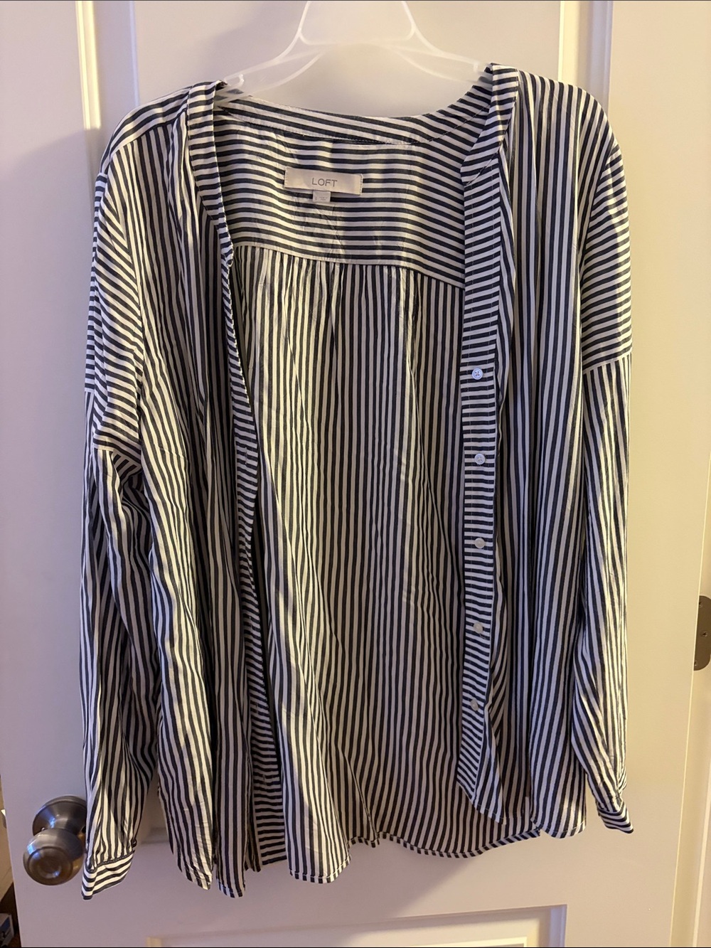 LOFT Black and White Striped Lightweight Button Front Top